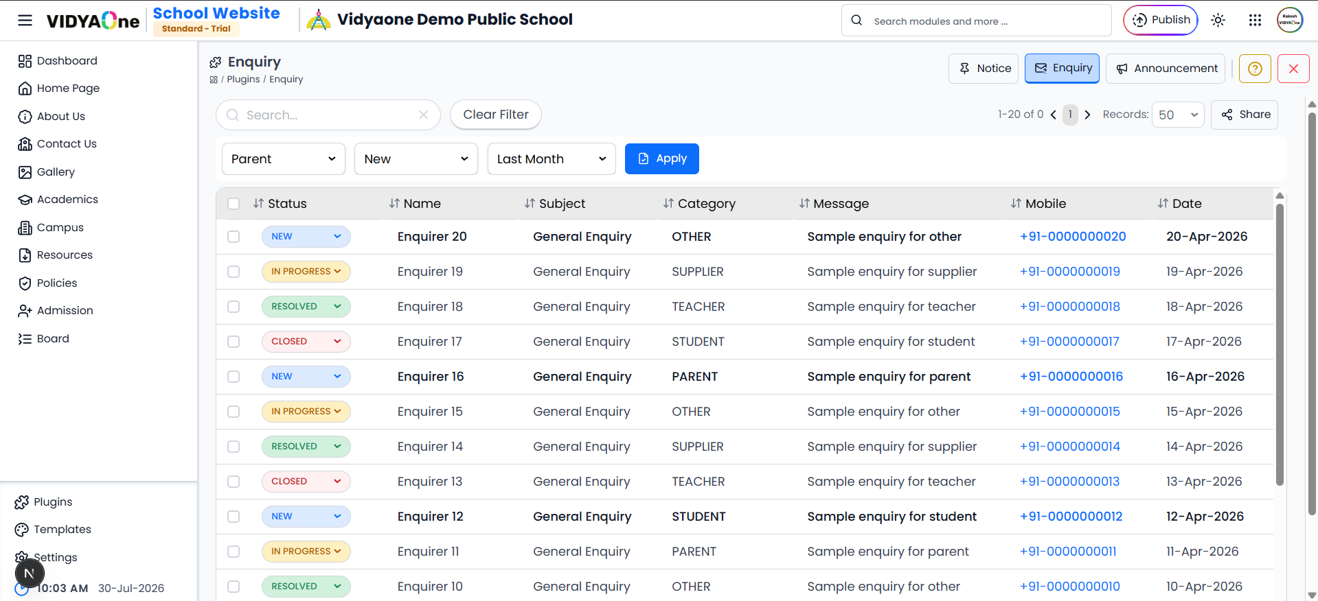 Enquiry Plugin