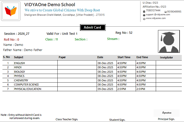 Admit Card Format III